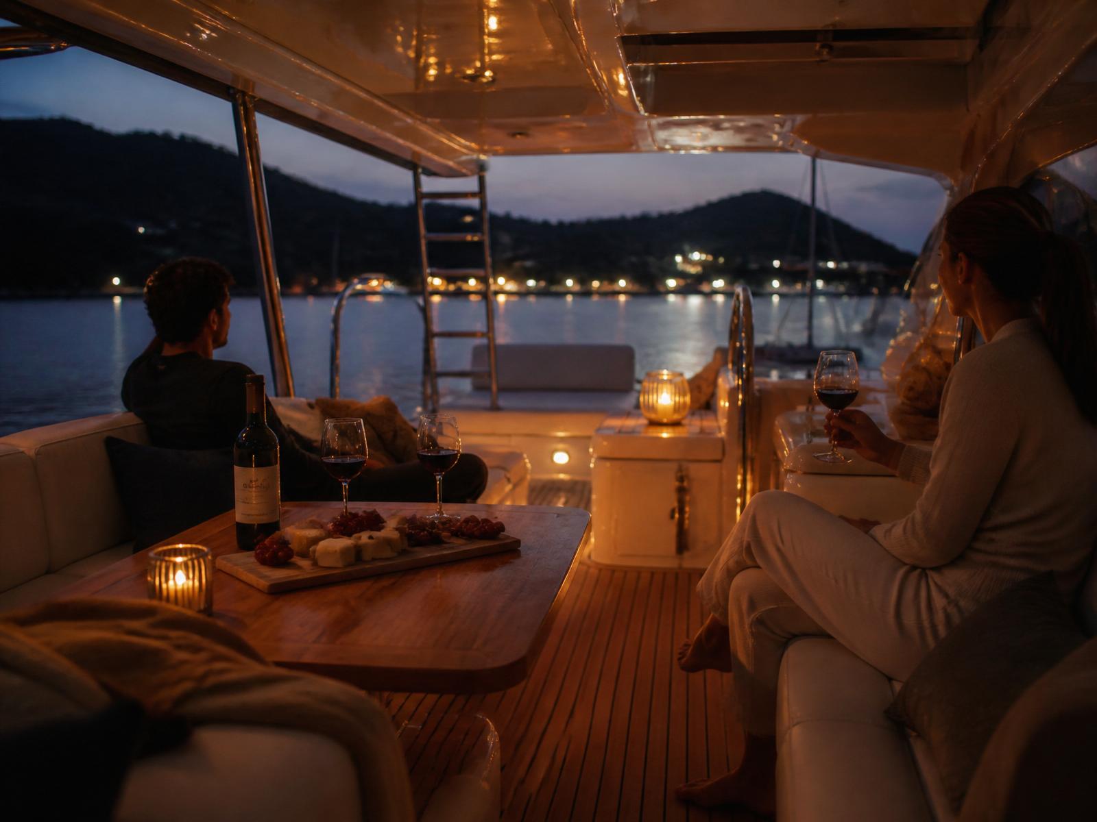 Warm quiet evening aboard a yacht at anchor, candlelight and wine, distant shore lights