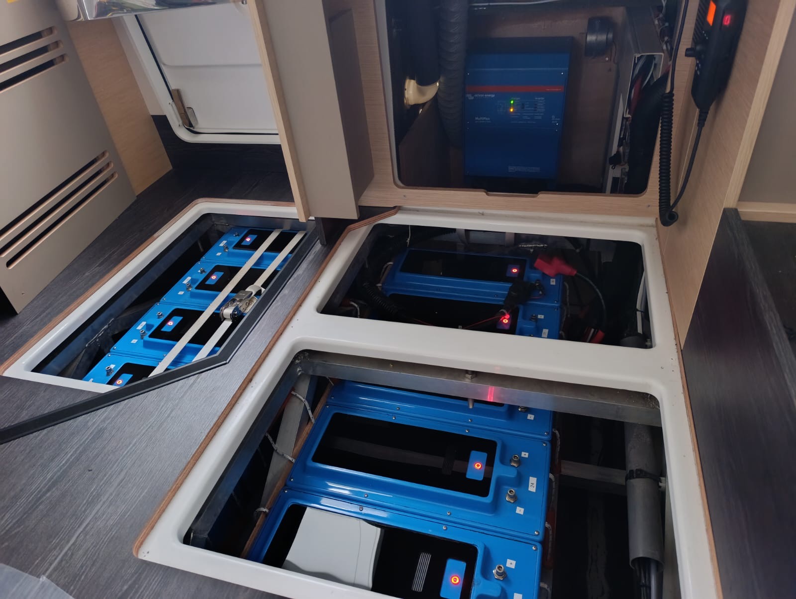 LiFePO4 battery bank and Victron inverter installed inside a yacht
